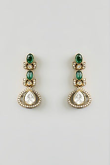 Gold Finish Kundan Polki & Green Ony Drop Long Layered Necklace Set