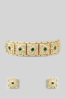 Gold Finish Green Kundan Polki Choker Necklace Set