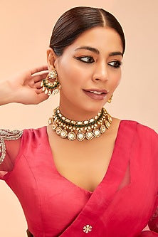 Gold Finish Moissanite & Green Onyx Drop Necklace Set