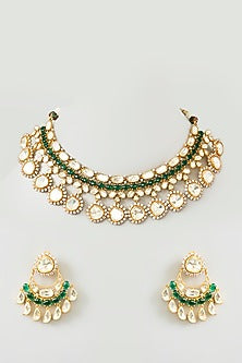 Gold Finish Moissanite & Green Onyx Drop Necklace Set