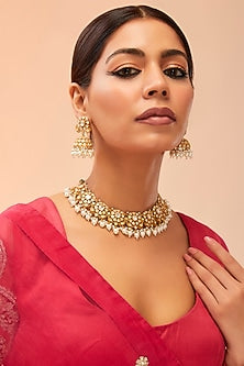 Gold Finish Moissanite & Pearl Drop Necklace Set