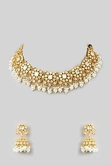 Gold Finish Moissanite & Pearl Drop Necklace Set