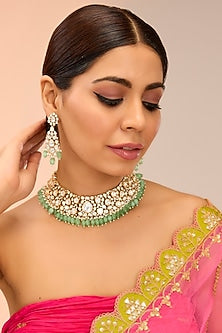 Gold Finish Moissanite & Green Onyx Drop Necklace Set