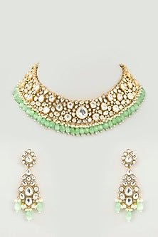 Gold Finish Moissanite & Green Onyx Drop Necklace Set