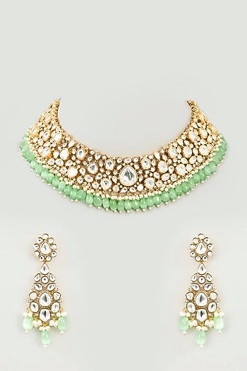 Gold Finish Moissanite & Green Onyx Drop Necklace Set