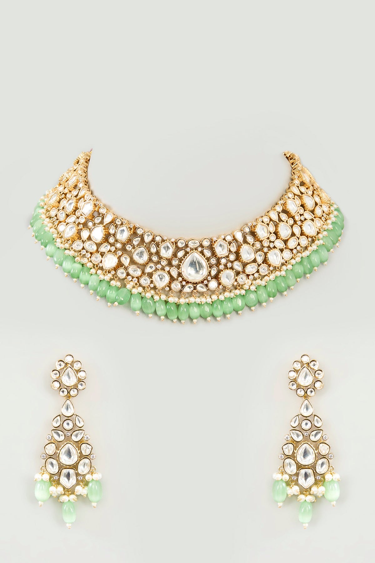 Gold Finish Moissanite & Green Onyx Drop Necklace Set