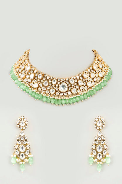 Gold Finish Moissanite & Green Onyx Drop Necklace Set