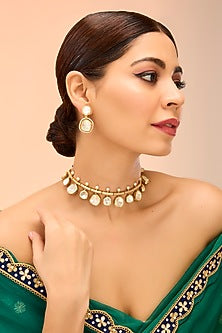 Gold Finish White Moissanite & Green Onyx Drop Necklace Set