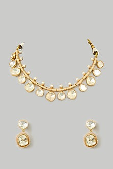 Gold Finish White Moissanite & Green Onyx Drop Necklace Set
