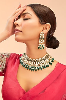 Gold Finish Moissanite & Green Onyx Drop Necklace Set