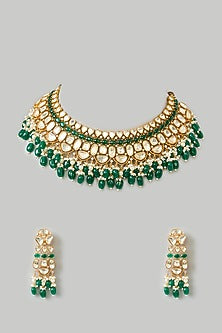 Gold Finish Moissanite & Green Onyx Drop Necklace Set