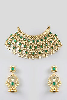 Gold Finish Green Moissanite Necklace Set