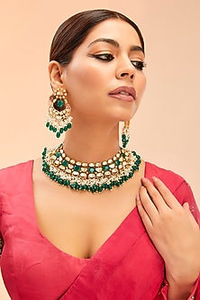 Gold Finish Moissanite & Green Onyx Drop Necklace Set