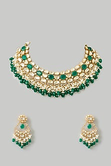 Gold Finish Moissanite & Green Onyx Drop Necklace Set