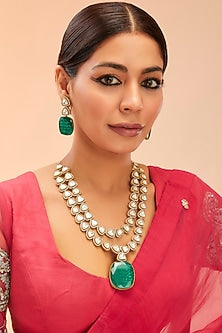 Gold Finish Moissanite Polki & Green Onyx Drop Long Necklace Set