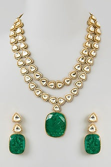 Gold Finish Moissanite Polki & Green Onyx Drop Long Necklace Set