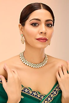 Gold Finish Mint Kundan Polki Necklace Set