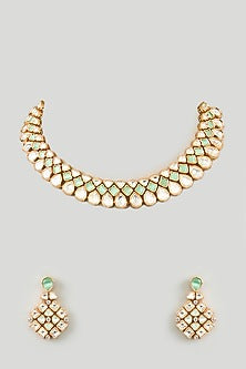 Gold Finish Mint Kundan Polki Necklace Set