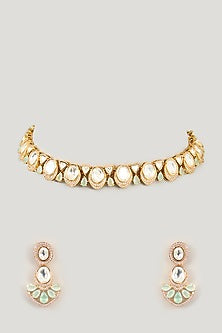Gold Finish Mint Moissanite Polki Necklace Set