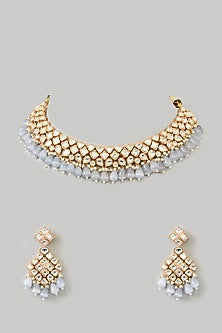 Gold Finish Moissanite & Grey Beaded Necklace Set