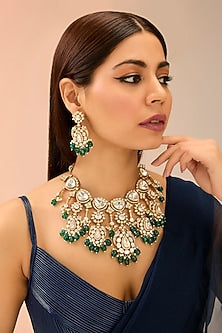Gold Finish Kundan Polki & Green Onyx Drop Necklace Set