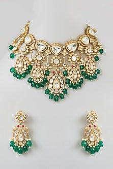 Gold Finish Kundan Polki & Green Onyx Drop Necklace Set