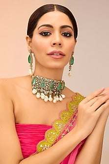 Gold Finish Kundan Polki & Pearl Drop Choker Necklace Set