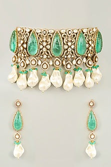 Gold Finish Kundan Polki & Pearl Drop Choker Necklace Set