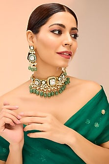 Gold Finish Kundan Polki & Green Onyx Drop Choker Necklace Set