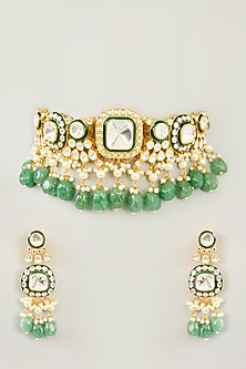 Gold Finish Kundan Polki & Green Onyx Drop Choker Necklace Set
