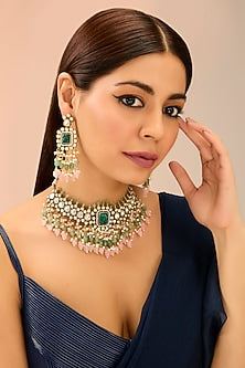 Gold Finish Kundan Polki & Green Onyx Drop Choker Necklace Set