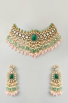 Gold Finish Kundan Polki & Green Onyx Drop Choker Necklace Set