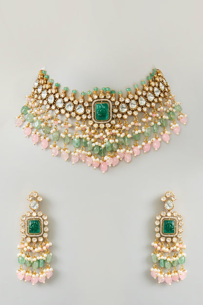 Gold Finish Kundan Polki & Green Onyx Drop Choker Necklace Set