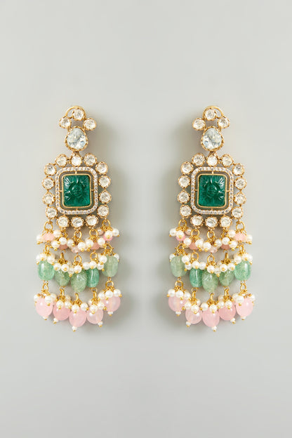 Gold Finish Kundan Polki & Green Onyx Drop Choker Necklace Set