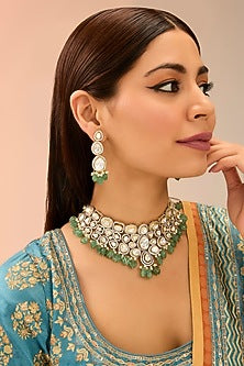 Gold Finish Kundan Polki & Green Onyx Drop Necklace Set
