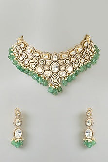Gold Finish Kundan Polki & Green Onyx Drop Necklace Set