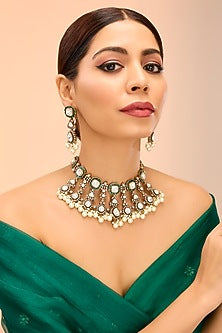 Gold Finish Kundan Polki & Pearl Drop Necklace Set