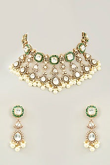 Gold Finish Kundan Polki & Pearl Drop Necklace Set