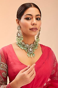 Gold Finish Kundan Polki & Fluorite Drop Necklace Set