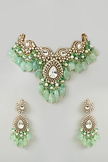 Gold Finish Kundan Polki & Fluorite Drop Necklace Set
