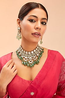 Gold Finish Kundan Polki & Green Onyx Drop Necklace Set