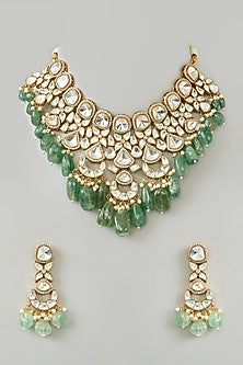 Gold Finish Kundan Polki & Green Onyx Drop Necklace Set