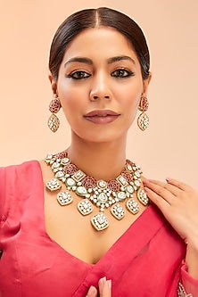 Gold Finish Red & Green Kundan Polki Necklace Set