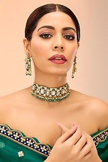 Gold Finish Kundan Polki & Green Onyx Drop Choker Necklace Set