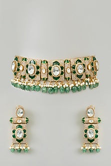 Gold Finish Kundan Polki & Green Onyx Drop Choker Necklace Set