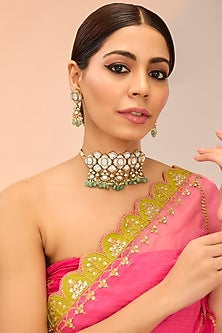 Gold Finish Kundan Polki & Green Onyx Drop Choker Necklace Set