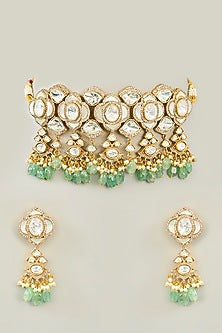 Gold Finish Kundan Polki & Green Onyx Drop Choker Necklace Set