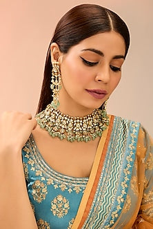 Gold Finish Kundan Polki & Fluorite Drops Necklace Set