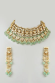 Gold Finish Kundan Polki & Fluorite Drops Necklace Set