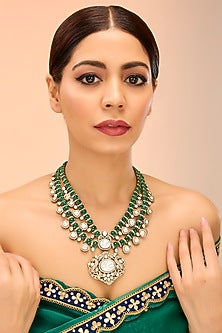 Gold Finish Green Kundan Polki Long Necklace